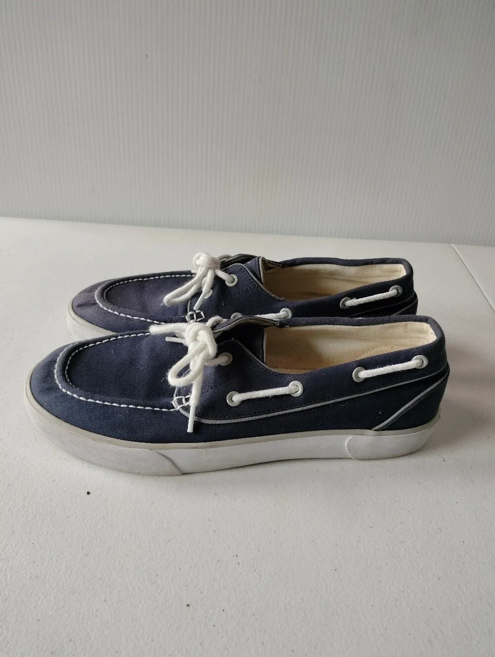 Polo Ralph Lauren Lander Navy White Canvas Boat Shoes 9 Vacation Cruise Preppy